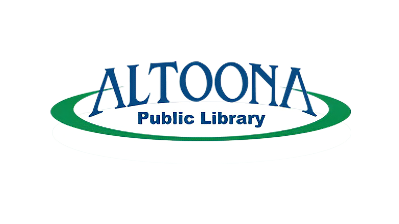 Altoona Public Library logo with blue 'ALTOONA' wordmark and a green circular swoosh around it