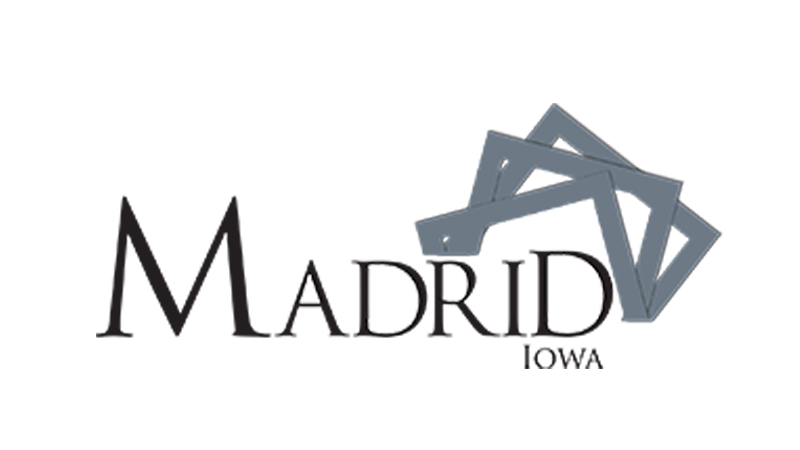 Madrid, Iowa city logo with overlapping blue picture frames over the name Madrid.