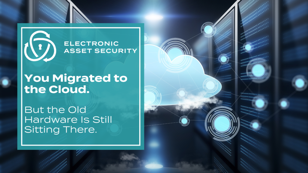 Teal panel announcing: 'You Migrated to the Cloud' with additional text about old hardware still sitting there; emphasizes cloud migration vs. existing hardware.