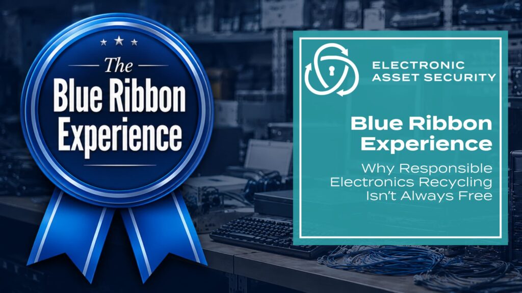 Blue ribbon award with bold text 'The Blue Ribbon Experience' beside a teal poster reading 'Electronic Asset Security' and 'Blue Ribbon Experience'.