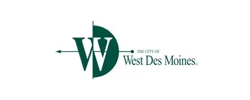 West Des Moines city logo green circular emblem with the letters W and V and a horizontal linearrow beside the text The City of West Des Moines
